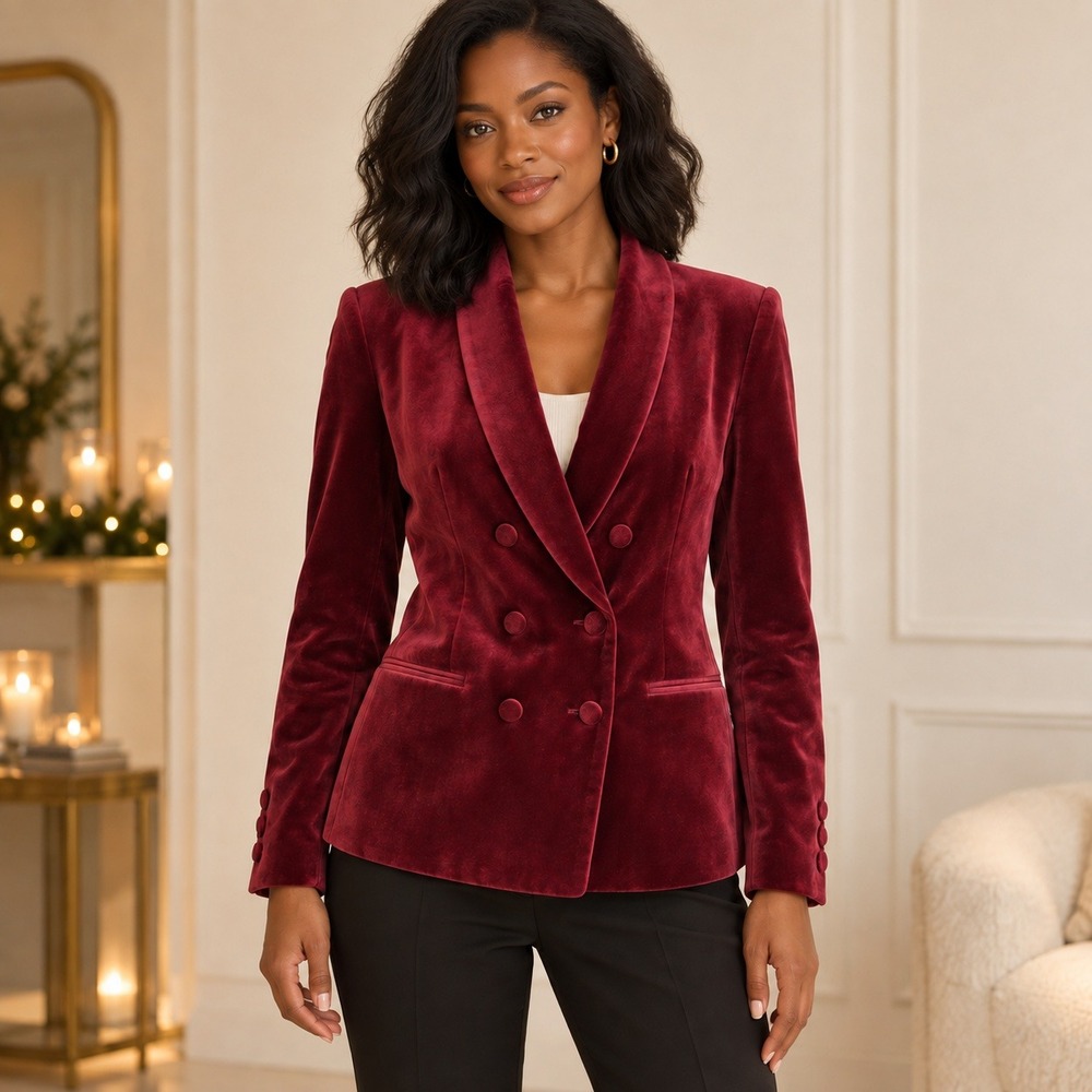 Express Velvet Double Breasted Blazer Womens S Burgundy Shawl Collar Holiday
